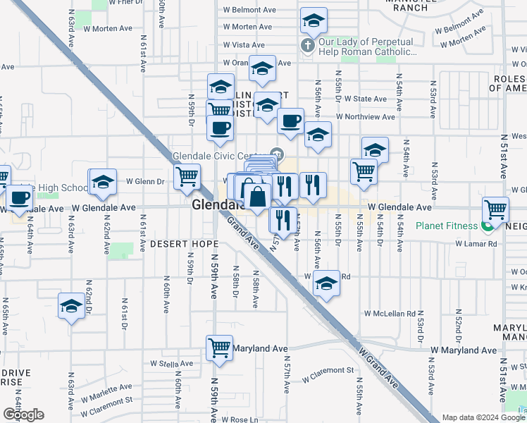 map of restaurants, bars, coffee shops, grocery stores, and more near in Glendale