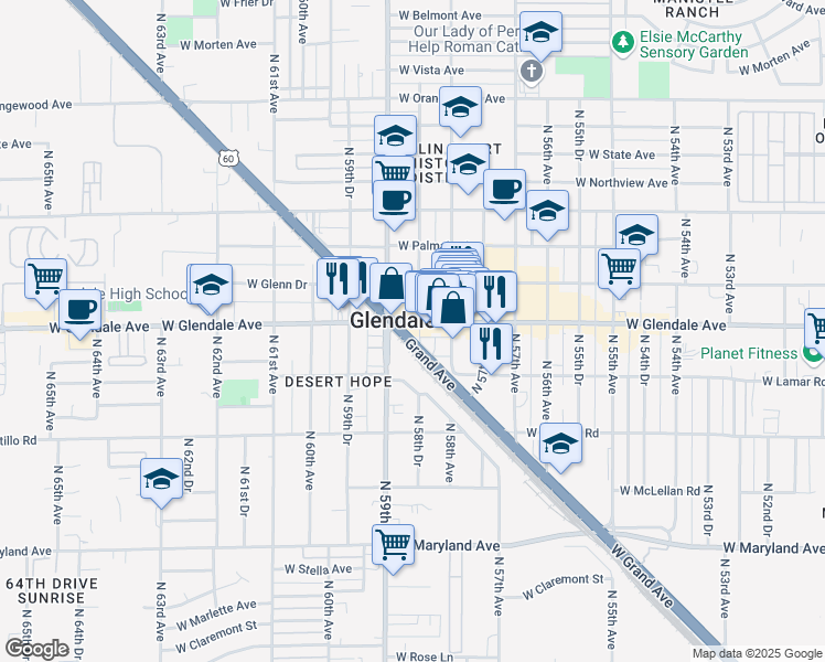map of restaurants, bars, coffee shops, grocery stores, and more near in Glendale