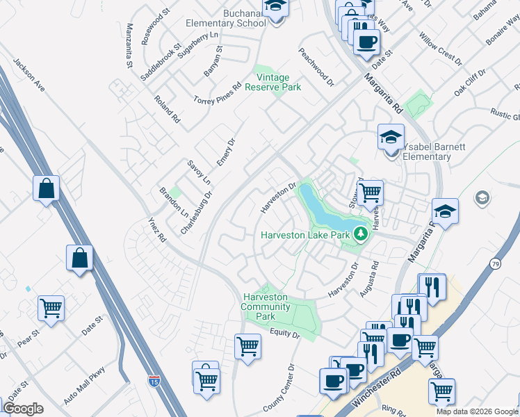map of restaurants, bars, coffee shops, grocery stores, and more near 40128 Annapolis Drive in Temecula