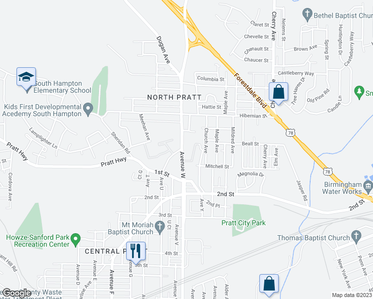 map of restaurants, bars, coffee shops, grocery stores, and more near 213 Dugan Avenue in Birmingham