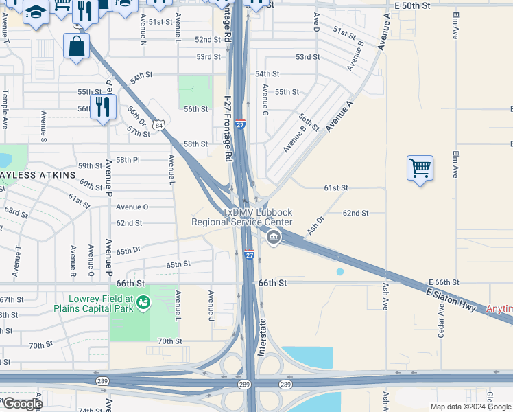 map of restaurants, bars, coffee shops, grocery stores, and more near 9806 Avenue A in Lubbock