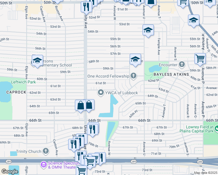 map of restaurants, bars, coffee shops, grocery stores, and more near 2303 61st Street in Lubbock