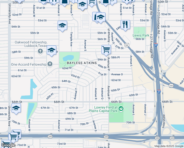 map of restaurants, bars, coffee shops, grocery stores, and more near 1910 62nd St in Lubbock