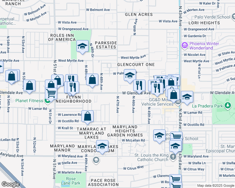 map of restaurants, bars, coffee shops, grocery stores, and more near 4645 West Glendale Avenue in Glendale