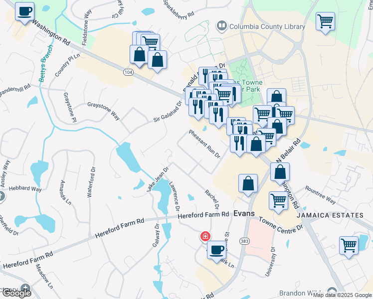 map of restaurants, bars, coffee shops, grocery stores, and more near 490 Pheasant Run Drive in Evans