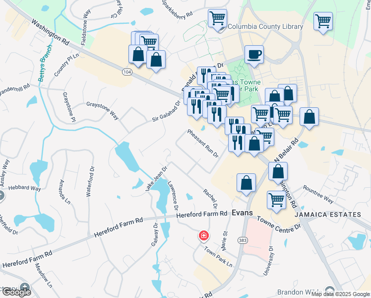 map of restaurants, bars, coffee shops, grocery stores, and more near 490 Pheasant Run Drive in Evans