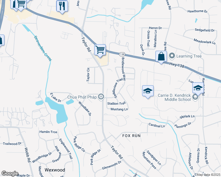 map of restaurants, bars, coffee shops, grocery stores, and more near 267 Saddleview Trail in Riverdale