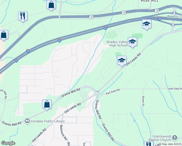 map of restaurants, bars, coffee shops, grocery stores, and more near 1269 Shades Terrace in Irondale