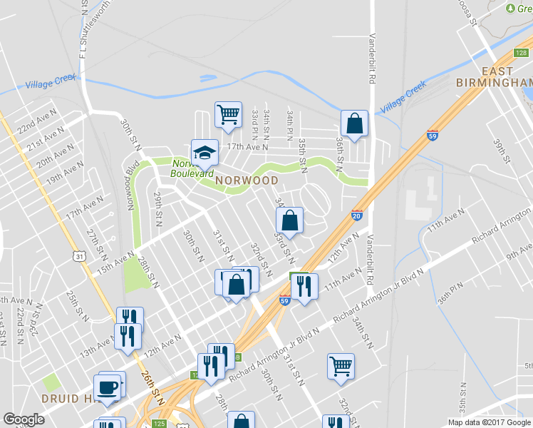 map of restaurants, bars, coffee shops, grocery stores, and more near 1402 33rd Street North in Birmingham
