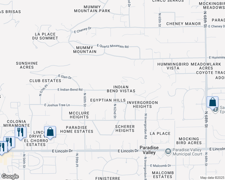 map of restaurants, bars, coffee shops, grocery stores, and more near 6210 East Indian Bend Road in Paradise Valley