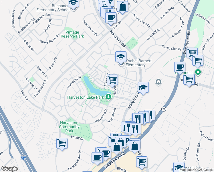 map of restaurants, bars, coffee shops, grocery stores, and more near 40152 Stowe Road in Temecula