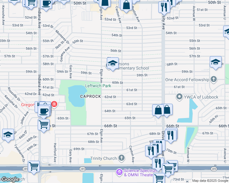 map of restaurants, bars, coffee shops, grocery stores, and more near t2805 61st Street in Lubbock