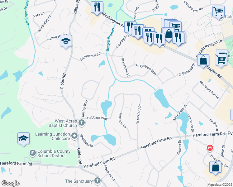map of restaurants, bars, coffee shops, grocery stores, and more near 561 Waterford Drive in Evans
