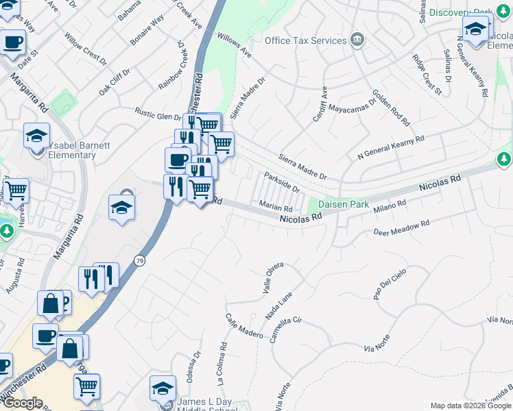 map of restaurants, bars, coffee shops, grocery stores, and more near 27497 Marian Road in Temecula