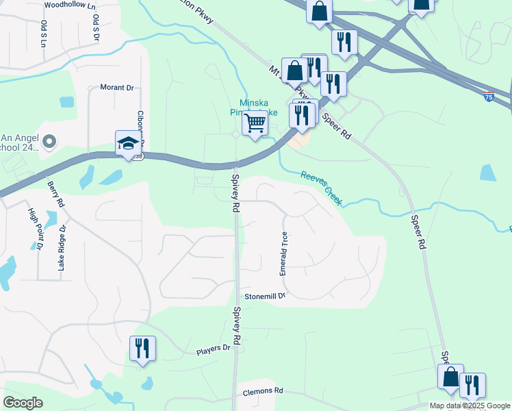 map of restaurants, bars, coffee shops, grocery stores, and more near 118 Spivey Glen Drive in Jonesboro