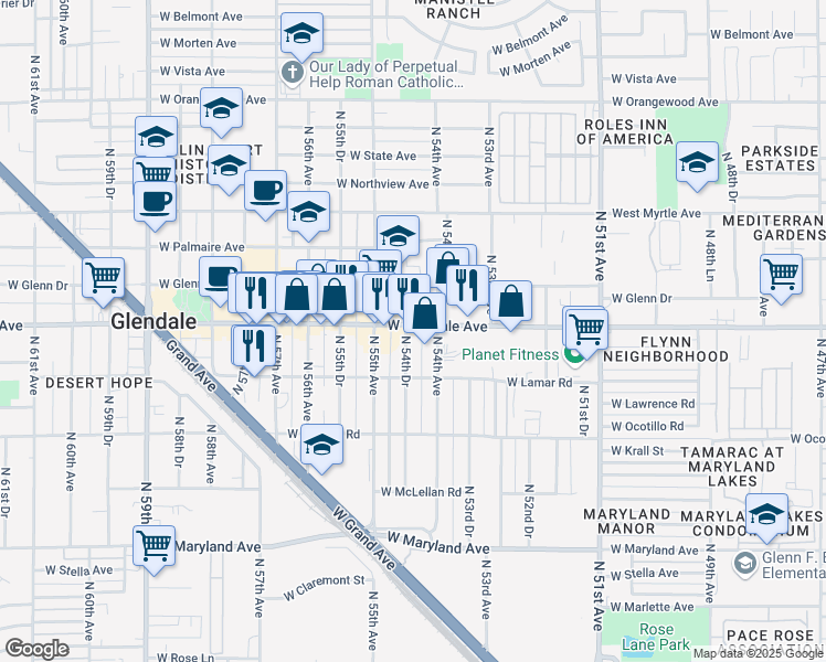 map of restaurants, bars, coffee shops, grocery stores, and more near 5421 West Glendale Avenue in Glendale