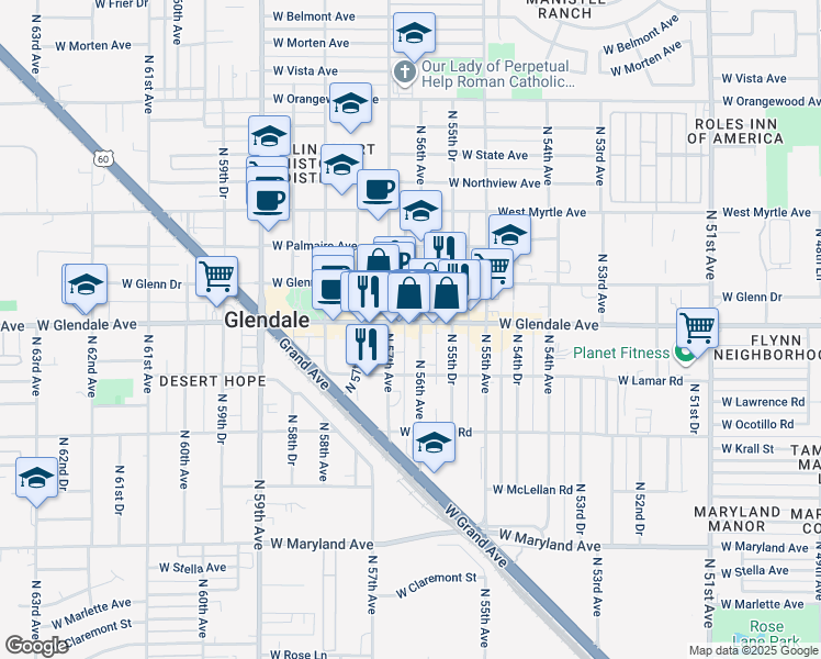 map of restaurants, bars, coffee shops, grocery stores, and more near 5609 West Glendale Avenue in Glendale