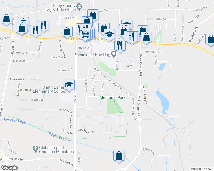 map of restaurants, bars, coffee shops, grocery stores, and more near 105 Jennings Way in Stockbridge