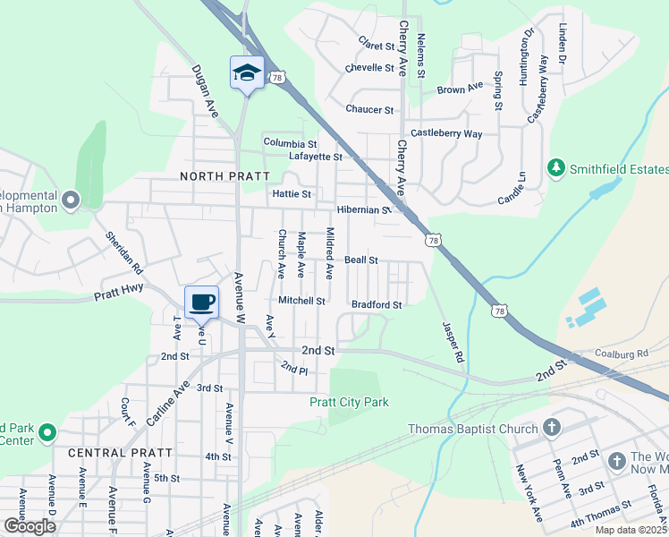 map of restaurants, bars, coffee shops, grocery stores, and more near 292 Miles Avenue in Birmingham