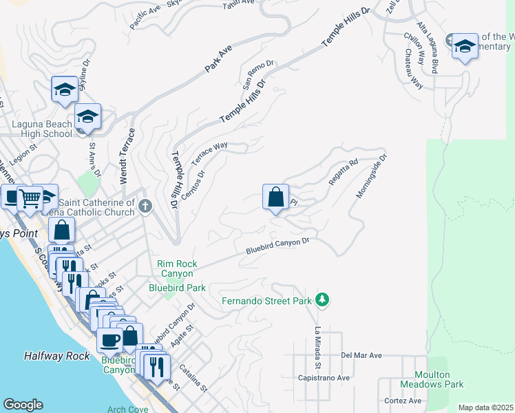 map of restaurants, bars, coffee shops, grocery stores, and more near 1833 South Coast Highway in Laguna Beach