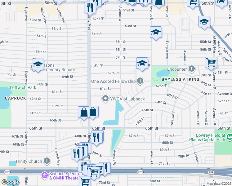 map of restaurants, bars, coffee shops, grocery stores, and more near 2303 61st Street in Lubbock