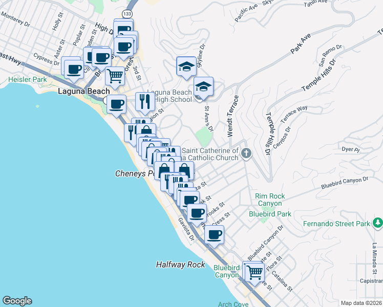map of restaurants, bars, coffee shops, grocery stores, and more near 495 Saint Ann's Drive in Laguna Beach