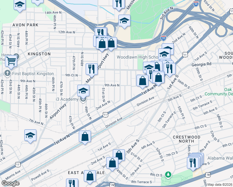 map of restaurants, bars, coffee shops, grocery stores, and more near 221 52nd Street North in Birmingham