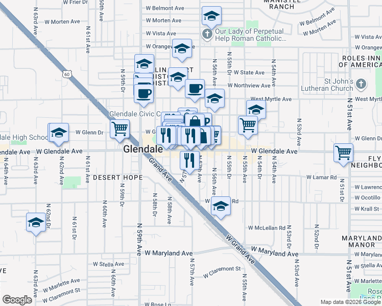 map of restaurants, bars, coffee shops, grocery stores, and more near 5715 West Glendale Avenue in Glendale