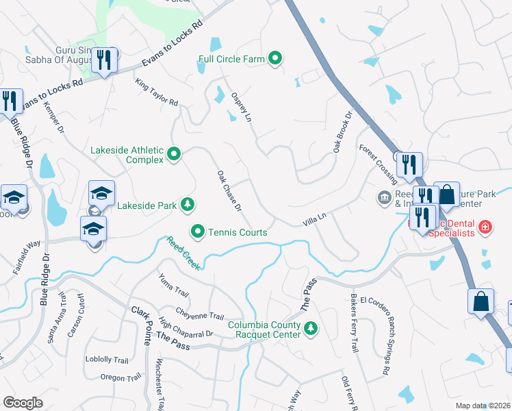 map of restaurants, bars, coffee shops, grocery stores, and more near 519 Oak Chase Drive in Martinez