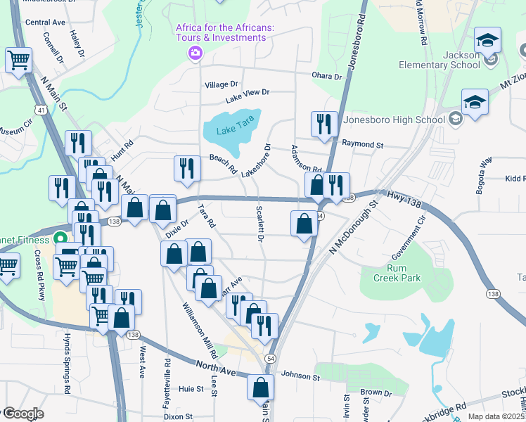 map of restaurants, bars, coffee shops, grocery stores, and more near 7908 Scarlett Drive in Jonesboro