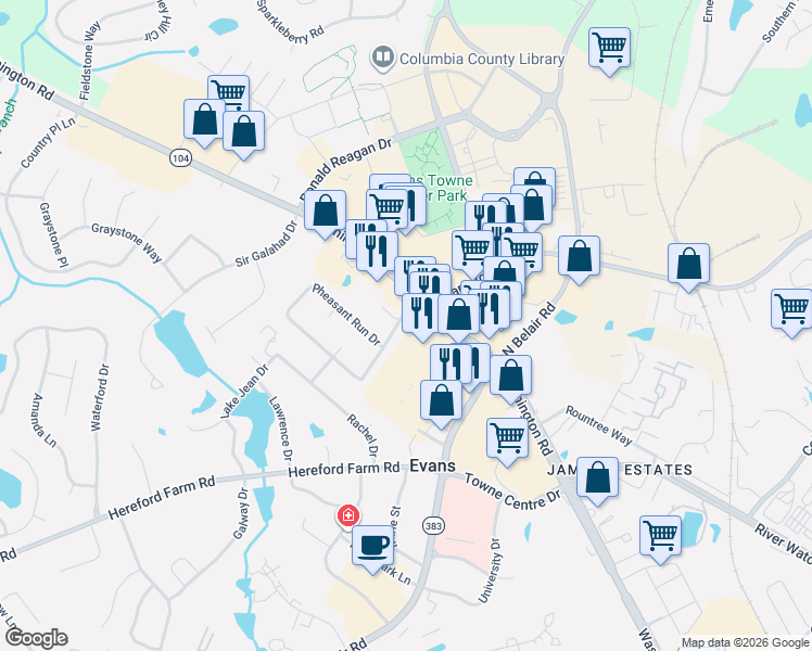 map of restaurants, bars, coffee shops, grocery stores, and more near 4324 Washington Road in Evans
