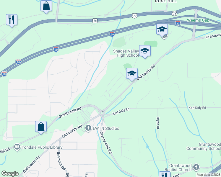 map of restaurants, bars, coffee shops, grocery stores, and more near 5946 Old Leeds Road in Irondale
