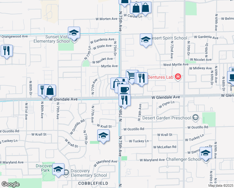map of restaurants, bars, coffee shops, grocery stores, and more near 7504 West Glendale Avenue in Glendale