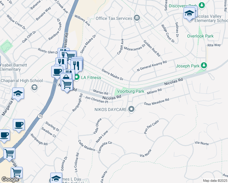 map of restaurants, bars, coffee shops, grocery stores, and more near 39556 Warbler Drive in Temecula