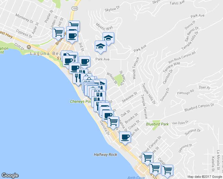 map of restaurants, bars, coffee shops, grocery stores, and more near 495 Saint Ann's Drive in Laguna Beach