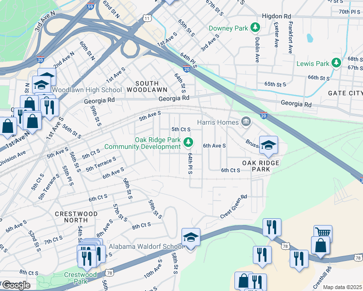 map of restaurants, bars, coffee shops, grocery stores, and more near 563 63rd Street South in Birmingham