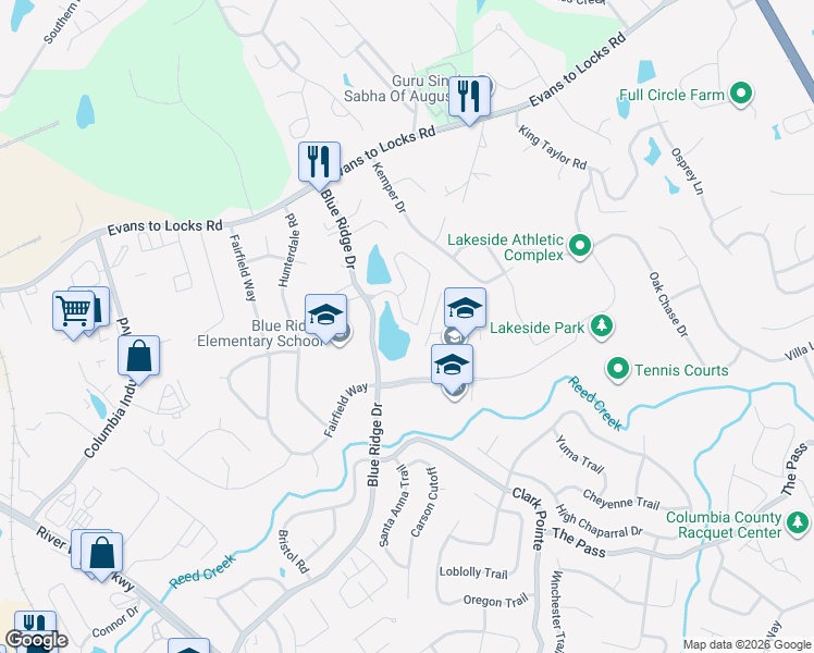 map of restaurants, bars, coffee shops, grocery stores, and more near 535 Blue Ridge Crossing in Evans