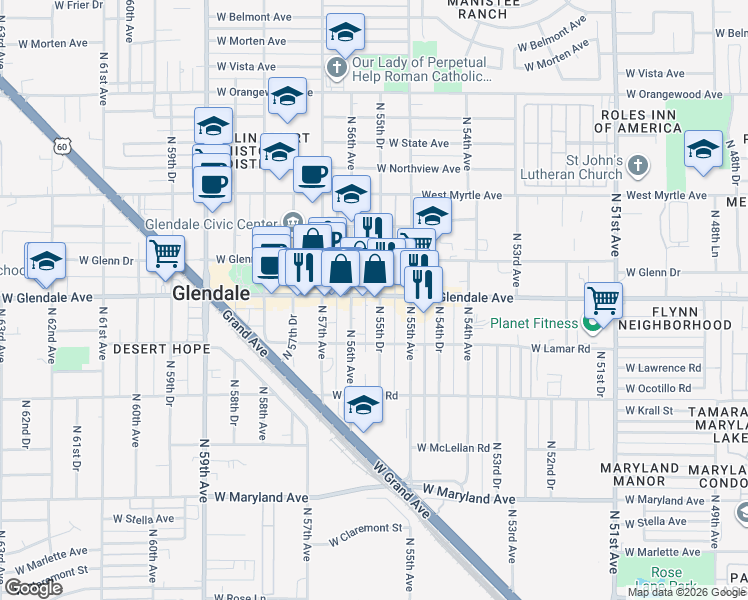 map of restaurants, bars, coffee shops, grocery stores, and more near 5539 West Glendale Avenue in Glendale