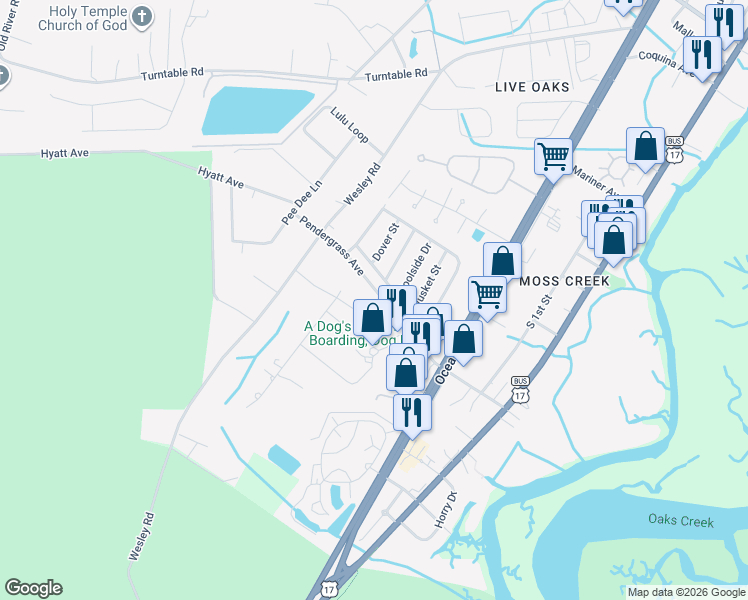 map of restaurants, bars, coffee shops, grocery stores, and more near 821 Pendergrass Avenue in Murrells Inlet
