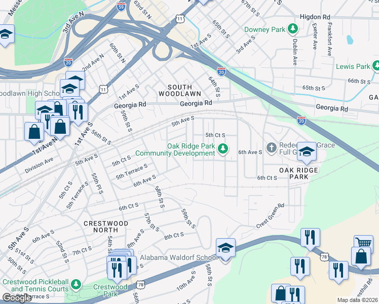 map of restaurants, bars, coffee shops, grocery stores, and more near 573 61st Street South in Birmingham