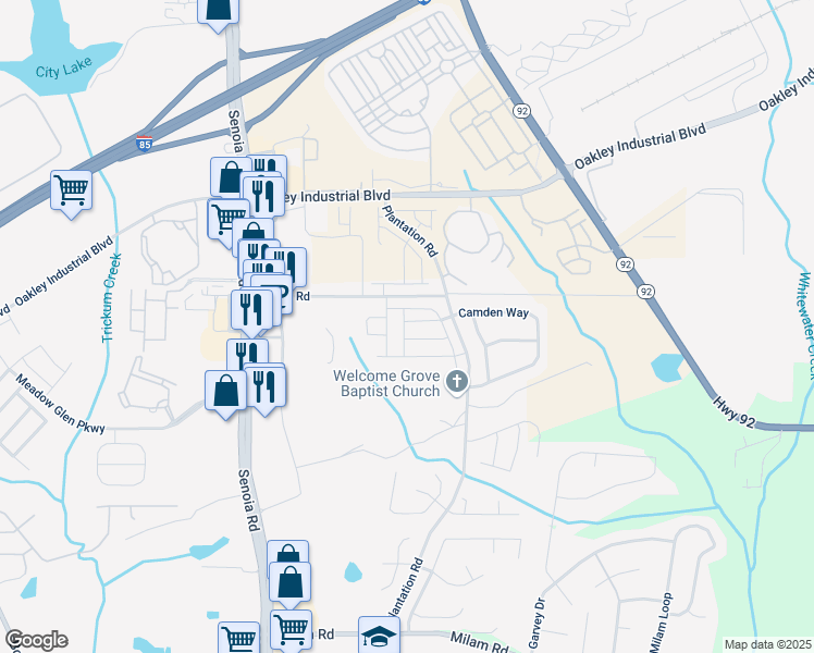 map of restaurants, bars, coffee shops, grocery stores, and more near 110 Jaclyn Way in Fairburn
