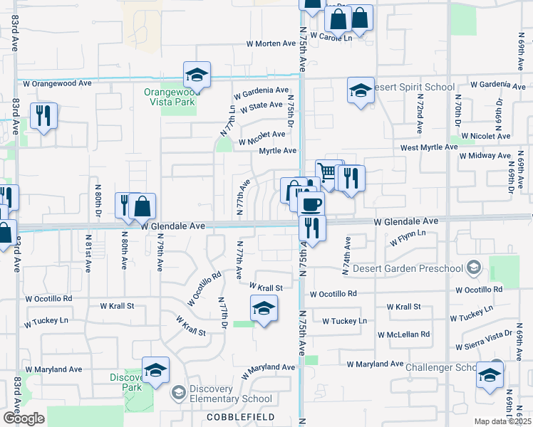 map of restaurants, bars, coffee shops, grocery stores, and more near 7010 North 76th Avenue in Glendale
