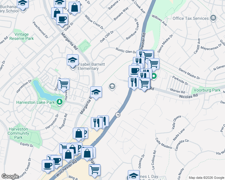 map of restaurants, bars, coffee shops, grocery stores, and more near 27215 Nicolas Road in Temecula