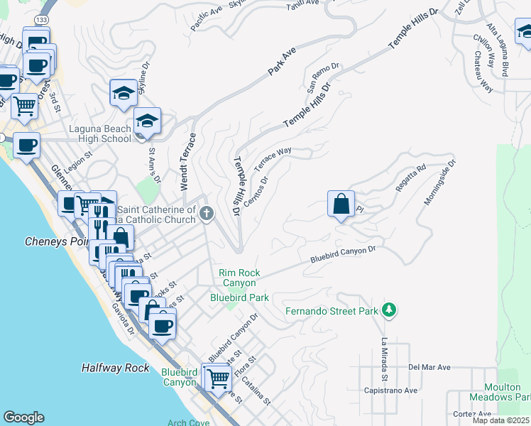 map of restaurants, bars, coffee shops, grocery stores, and more near 1323 Dunning Drive in Laguna Beach