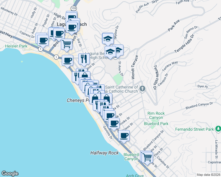 map of restaurants, bars, coffee shops, grocery stores, and more near 420 Saint Ann's Drive in Laguna Beach