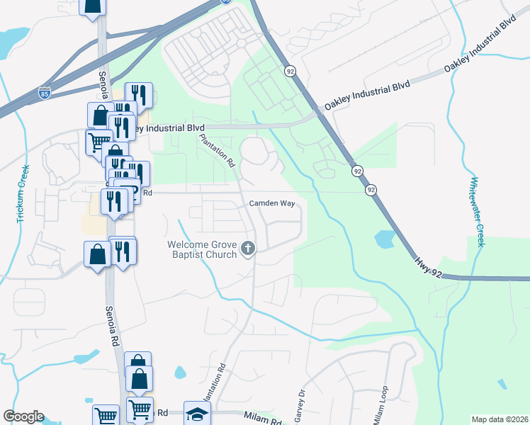 map of restaurants, bars, coffee shops, grocery stores, and more near 23 Camden Way in Fairburn