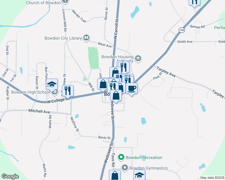 map of restaurants, bars, coffee shops, grocery stores, and more near in Bowdon