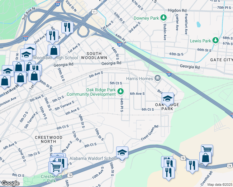 map of restaurants, bars, coffee shops, grocery stores, and more near 563 63rd Street South in Birmingham