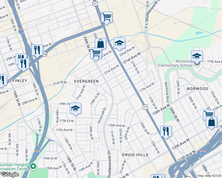 map of restaurants, bars, coffee shops, grocery stores, and more near 2413 19th Avenue North in Birmingham