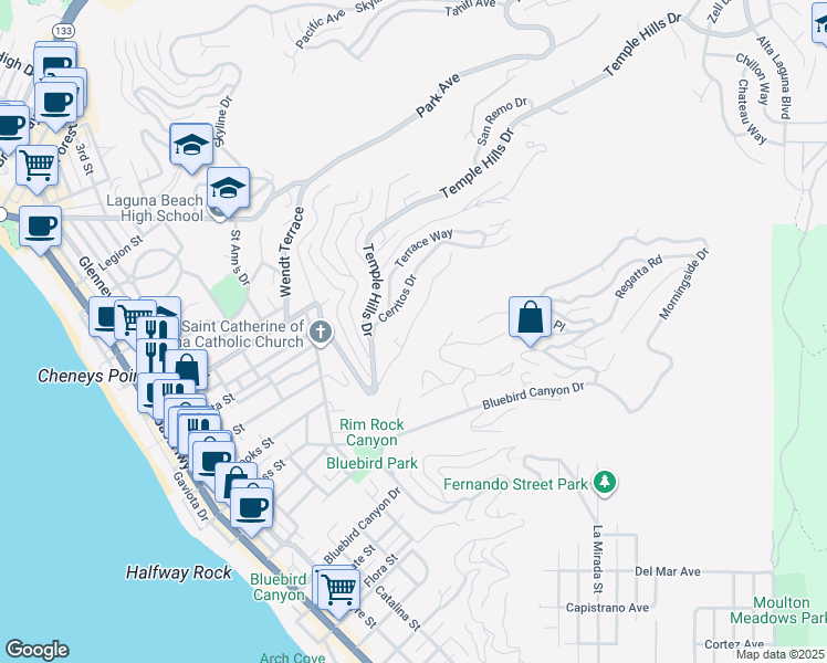 map of restaurants, bars, coffee shops, grocery stores, and more near 1323 Dunning Drive in Laguna Beach